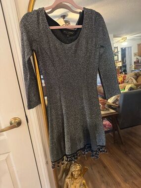 Betsey Johnson Metallic Silver Long-Sleeve Fit & Flare Dress with Tassel Hem